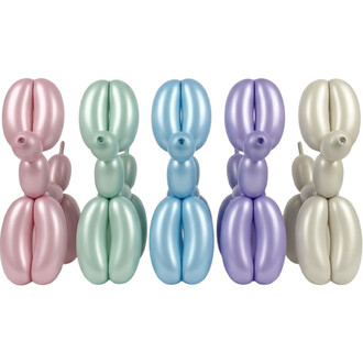 Assortiment de ballons 260 couleur pastel, torsadés en colonnes sculptées (rose pastel, menthe, bleu ciel, lavande et beige).