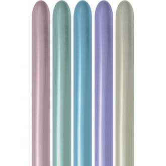 Six ballons 260 satin pastel alignés verticalement, rose clair, menthe, bleu clair, lavande et beige clair.