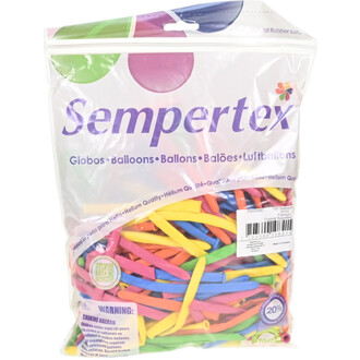 Sac plastique transparent contenant 260 ballons longs de couleur tropicale assortie (rose, jaune, bleu, vert, orange) de marque Sempertex, emballage avec le logo Sempertex.