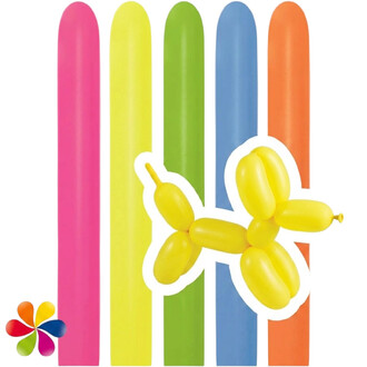 Assortiment de ballons néon Sempertex en couleurs magenta, jaune, vert, bleu et orange, présentés en colonnes verticales avec des ballons torsadés jaunes et une fleur multicolore en bas à gauche.
