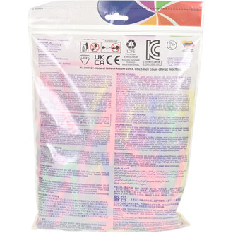 Ballons Sempertex néon, assortiment 260 multicolores dans un sachet plastique transparent avec avertissements et logos sur l’emballage.