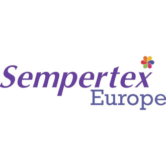 Logo Sempertex Europe sur fond blanc, texte violet et bleu, avec une fleur multicolore à six pétales sur le côté droit.