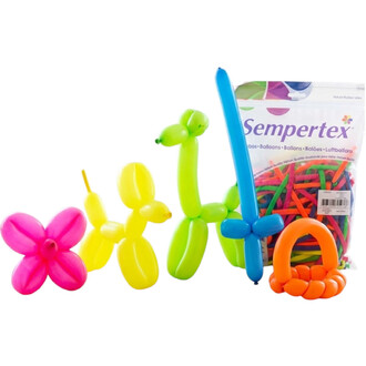 Assortiment néon Sempertex 260 ballons dans un sachet transparent, couleurs néon (rose, jaune, vert, bleu, orange) avec des ballons sculptés en forme de fleur et d’animaux visibles à l’avant.