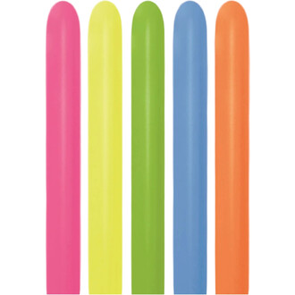 Assortiment de 5 ballons 260 néon Sempertex en rose, jaune, vert lime, bleu et orange, alignés verticalement sur fond blanc.
