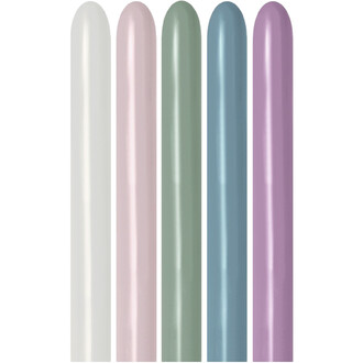 Ballons 260 Sempertex – assortiment Crépuscule pastel (six coloris): blanc, rose pâle, vert sauge, bleu clair, bleu-gris et lavande.