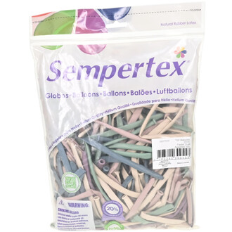 Sac transparent contenant l’assortiment Pastel Dusk Sempertex 260S — 100 ballons en latex naturel multicolores (rose, bleu, vert, violet).