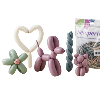 Assortiment de ballons 260 Crépuscule Sempertex avec ballons torsadés pastel (vert sauge, crème, mauve et bleu-gris) et un sachet Sempertex en arrière-plan sur fond blanc.