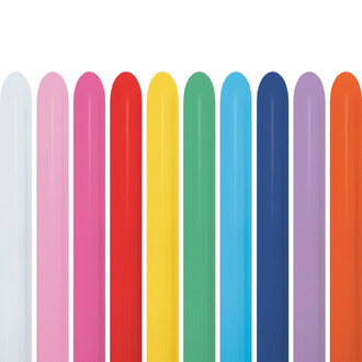 Ballons 260 Sempertex en assortiment fashion, alignés verticalement, montrant une gamme de couleurs : gris clair, rose, fuchsia, rouge, jaune, vert, bleu clair, bleu marine, violet et orange.