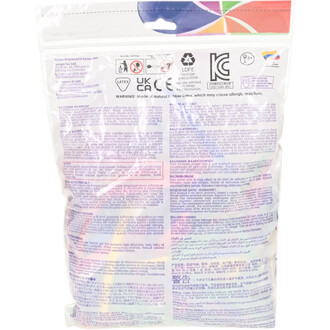 Dos de l’emballage transparent montrant l’assortiment fashion de ballons latex Sempertex 260, avec avertissements multilingues et logos de recyclage.