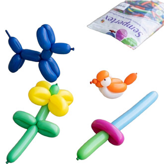 Assortiment de ballons 260 fashion Sempertex multicolores, gonflés en formes d’animaux et de fleurs, avec sachet Sempertex visible.