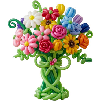 Bouquet de ballons 260 formant des fleurs multicolores avec tiges et feuilles vertes torsadées (assortiment fashion Sempertex).