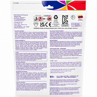 Arrière du sachet Balloons 260 Assortiment Fashion Sempertex, emballage blanc avec avertissements multilingues, pictogrammes de sécurité et logos, et bande colorée en haut à droite.