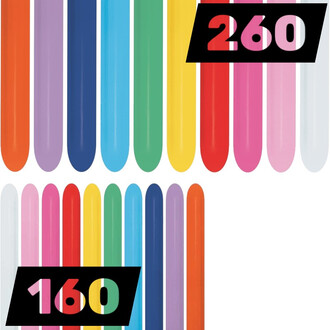 Conjunto de balões modeladores Sempertex Fashion Sorting: balões compridos em várias cores (laranja, roxo, azul, verde, amarelo, vermelho, rosa, branco), com as marcações visuais 260 e 160.