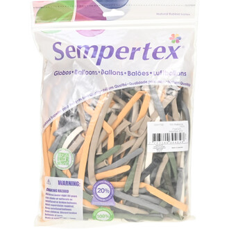 Sac transparent contenant un assortiment de ballons Sempertex 260S couleur terre (marron, vert, gris, orange)