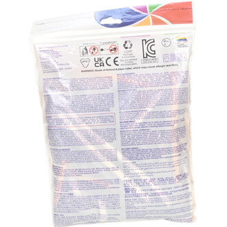 Dos d’un sachet de ballons en latex Sempertex 260 assortis couleurs terre, emballage blanc avec avertissements multilingues et pictogrammes.