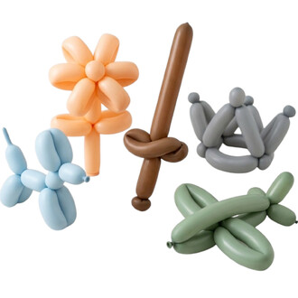 Assortiment Ballons 260 Terre Sempertex en latex couleur terre, montrant des sculptures ballon : fleur orange pêche, animal bleu clair, torsades marron et gris/vert.