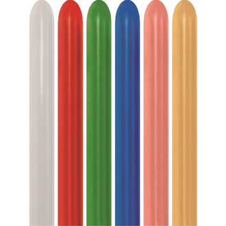 Ballons latex métallisés Sempertex 260 mm en assortiment de couleurs argenté, rouge, vert, bleu, rose, pêche et doré, alignés verticalement sur fond blanc.