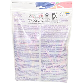 Vue arrière d’un sachet plastique transparent contenant des ballons 260 métallisés Sempertex; avertissements multilingues, pictogrammes de sécurité, logos (CE, recyclage), drapeau colombien, et bande colorée en haut avec anneau d’accroche.