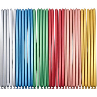 Palette multicolore de ballons 260 métallisés Sempertex, alignés en rangée sur fond blanc, allant du argenté au bleu, vert, rouge, rose et jaune.