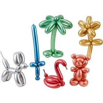 Ballons 260 métallisés Sempertex – collection multicolore de sculptures ballonées (palmier, fleur et autres formes).