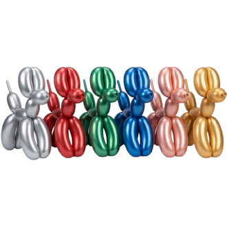 Groupe de ballons 260 métallisés Sempertex torsadés, en couleurs argenté, rouge, vert, bleu, rose et doré, alignés sur fond blanc.