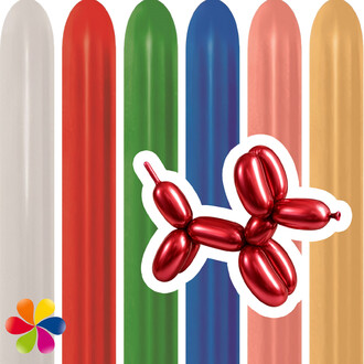 Ballons 260 métallisés Sempertex en assortiment de couleurs (argenté, rouge, vert, bleu, rose et doré) avec une sculpture ballon rouge et une fleur colorée en bas à gauche.