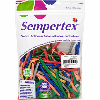Sac transparent contenant des ballons 260 métallisés Sempertex, couleurs assorties (rouge, bleu, vert, doré, argenté, rose, orange) avec étiquette et code-barres.