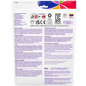 Emballage arrière blanc des ballons 260 métallisés Sempertex, affichant avertissements multilingues, pictogrammes de sécurité et logos (CE/UKCA/LDPE), avec motif coloré en haut.