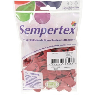 Sachet transparent contenant 50 ballons rouges en forme de cœur de marque Sempertex, latex naturel, avec étiquette et code-barres.