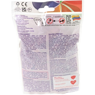 Face arrière d’un emballage plastique contenant des ballons en latex en forme de cœur rouges, avec avertissements multilingues et logos CE/UKCA.