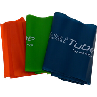 Bande élastique en latex de différentes couleurs : orange, vert et bleu, empilées les unes sur les autres avec le logo lastTube by amaya visible sur les bandes.