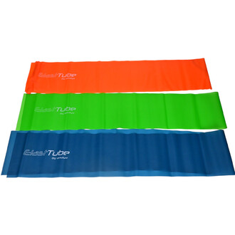 Bande élastique en latex forte composée de trois bandes de couleurs : orange, verte et bleue, disposées horizontalement. Chaque bande est lisse et présente le logo ElastTube sur la surface.