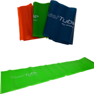Image de bandes élastiques en latex de couleur orange, verte et bleue, empilées en haut, avec une bande verte allongée en bas. Le texte ElastTube by amalya est visible sur les bandes.
