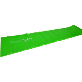Bande élastique en latex de couleur verte, étendue sur une surface plane, avec l'inscription ElastTube by amila en blanc.