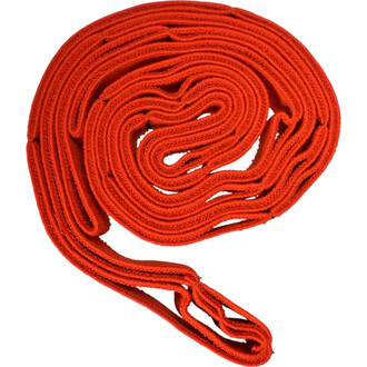 Bande textile orange enroulée, conçue pour la jonglerie, affichant 16 positions marquées pour faciliter l'utilisation et la manipulation.