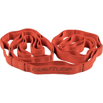 Bande textile de jonglerie de couleur orange, présentant une forme en méandre avec 16 positions visibles, portant le logo ElastTube by amajye sur une section.
