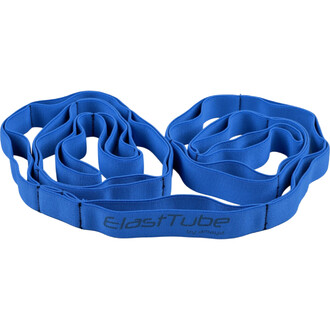 Bande textile bleue en forme de boucle, avec plusieurs positions marquées, conçue pour les exercices de résistance, portant le logo ElastTube sur le côté.