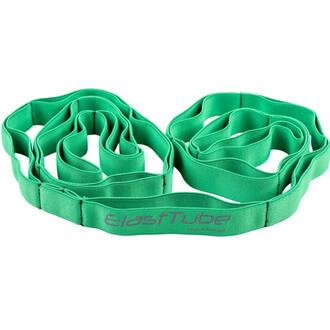 Bande textile verte en forme ondulée, marquée ElastTube by Amasu, conçue pour 16 positions différentes, utilisée pour le jonglage et les activités physiques.