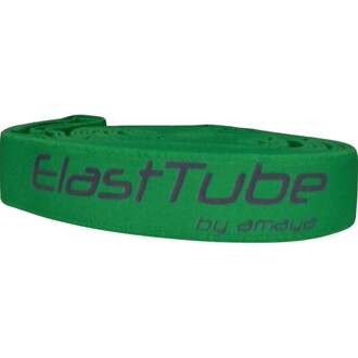 Bande textile verte avec l'inscription ElastTube by amayd visible, enroulée sur elle-même.
