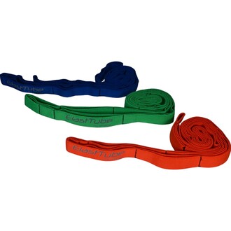 Trois bandes textiles de différentes couleurs (bleu, vert et orange) enroulées, avec des inscriptions ElastTube.