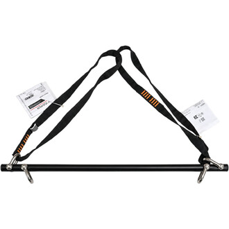 Barre de répartition de trapèze volant noire avec sangle de suspension, mousquetons et étiquettes de certification CE.