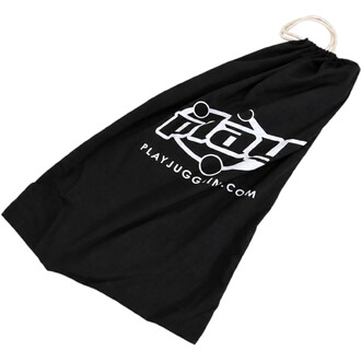 Sac en tissu noir avec cordon de serrage blanc, logo Play Juggling et texte playjuggin.com, pour le transport de la barre de répartition Play.
