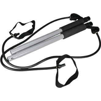 Barre de toning Sarneige composée de deux tubes gris avec des poignées en mousse noire, équipée de sangles noires pour les pieds, reliées par des cordes élastiques.