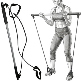 Barre de toning avec résistances, représentant un accessoire de fitness à gauche et une illustration d'une personne en train de l'utiliser à droite, en position de travail musculaire.