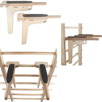 Support de jonglerie en bois avec surfaces en caoutchouc noir pour une meilleure adhérence, présenté sous différents angles. Les pièces sont fixées à une structure en bois, idéales pour la pratique de l'équilibre et de la coordination.