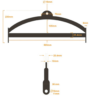 Schéma technique de la barre de répartition aérienne Firetoys, présentant ses dimensions principales, incluant un dessin en vue de profil et un détail de la partie inférieure. Les dimensions sont indiquées en millimètres, avec des annotations pour le diam