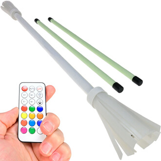 Bâton de fleur lumineux Juggle Dream avec télécommande, comprenant un bâton principal blanc et deux tiges vertes. La télécommande montre des boutons colorés pour contrôler les lumières.