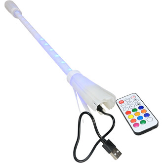 Bâton de fleur lumineux Juggle Dream avec une tige blanche équipée de LED colorées et de filaments lumineux, accompagné d'une télécommande.