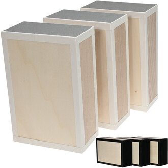 Boîte à cigares en bois Henrys, comprenant trois boîtes de différentes tailles avec des finitions en bois clair et noir, et des couvercles grisés.