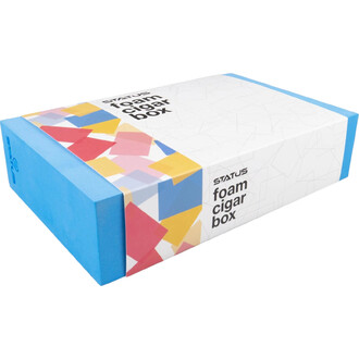 Boîte à cigare en mousse Status, blanche avec motifs géométriques colorés et rebords bleus, vue en perspective.